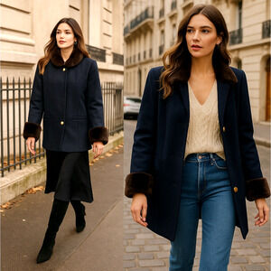 Neiman Marcus 6 LUXURY 100% Wool Coat $790 Faux Fur Trim Gold Buttons Navy Blue